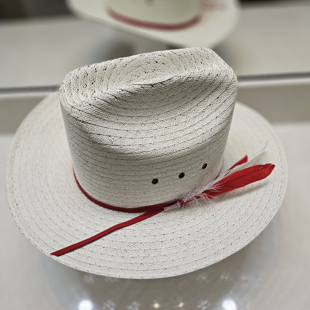 Red and white custom straw cowboy hat with matching feathers.
